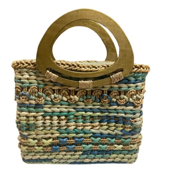 Cappelli Strawworld LIKE NEW turquoise textured straw structured bag with wood - Picture 1 of 4